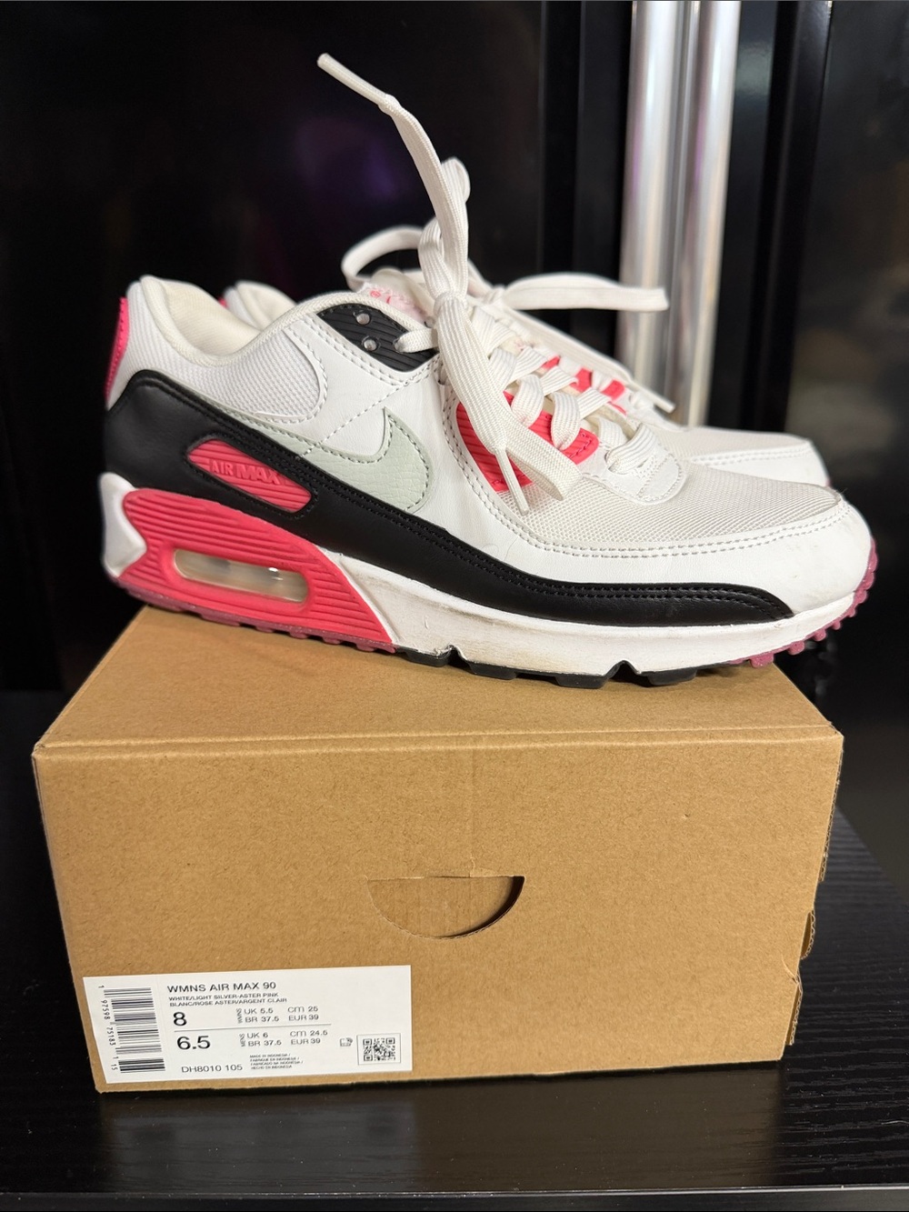 Nike women’s White Black Pink Air Max 90 Sneakers